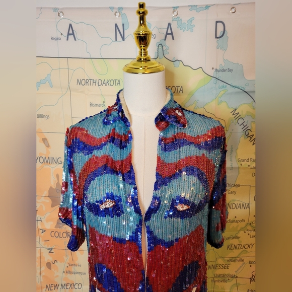 Vintage Silk Colorful Sequin & Beaded Short Sleeve Top - Picture 4 of 13